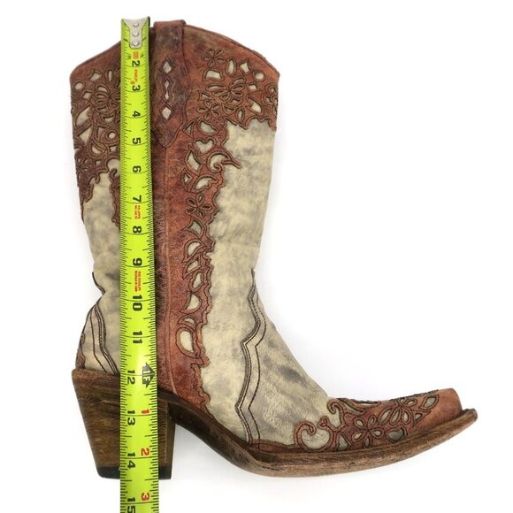 Corral A2665 Cognac Leather Lace Look Overlay Cowgirl Western Boots Snip Toe 7M - Picture 6 of 10